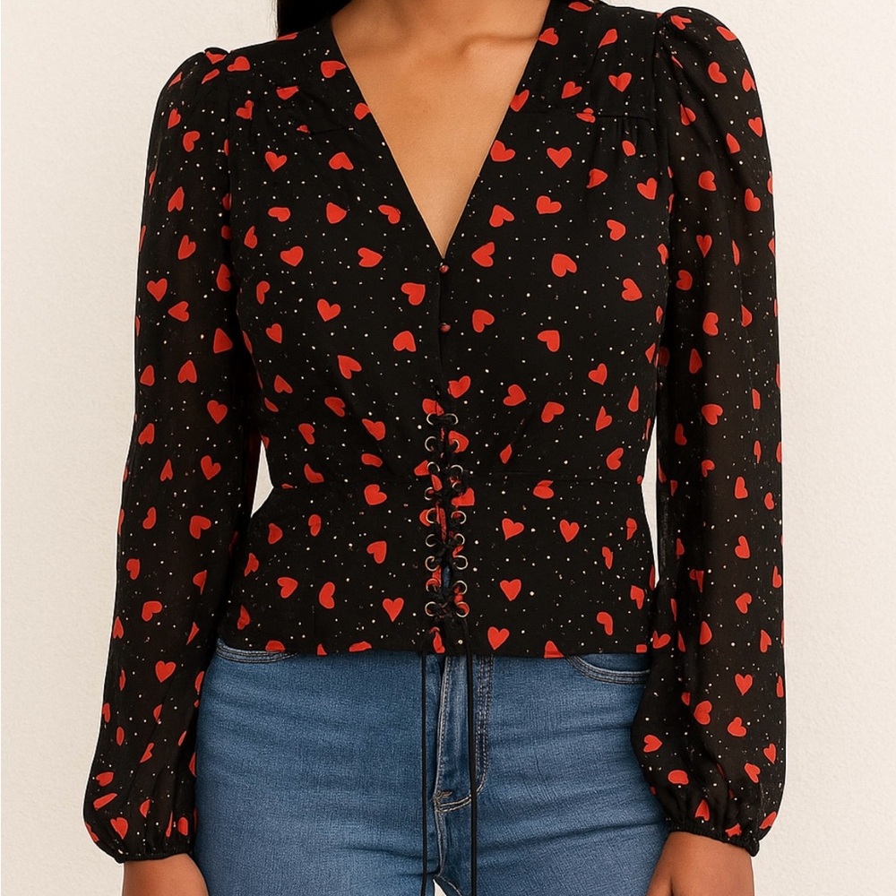 The Kooples Black Blouse with Red Heart Print